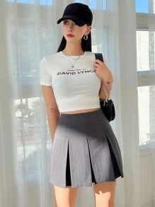 DAZY 高腰褶皱细节裙，返校服装秋季裙子 - 深灰色 - 查看 5