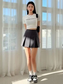 DAZY 高腰褶皱细节裙，返校服装秋季裙子 - 深灰色 - 查看 9