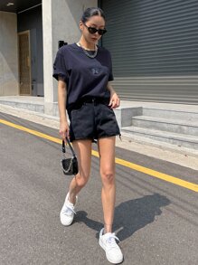 DAZY 蝴蝶刺繡落肩短袖上衣 - 藏蓝色 - 查看 4