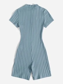 SHEIN EZwear Mock Neck Rib-knit Unitard Romper - Dusty Blue - View 2