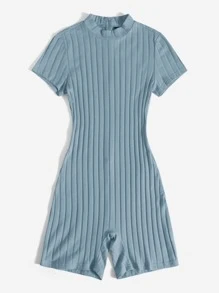 SHEIN EZwear Mock Neck Rib-knit Unitard Romper - Dusty Blue - View 3