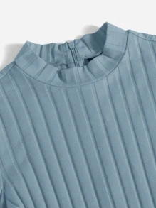 SHEIN EZwear Mock Neck Rib-knit Unitard Romper - Dusty Blue - View 4