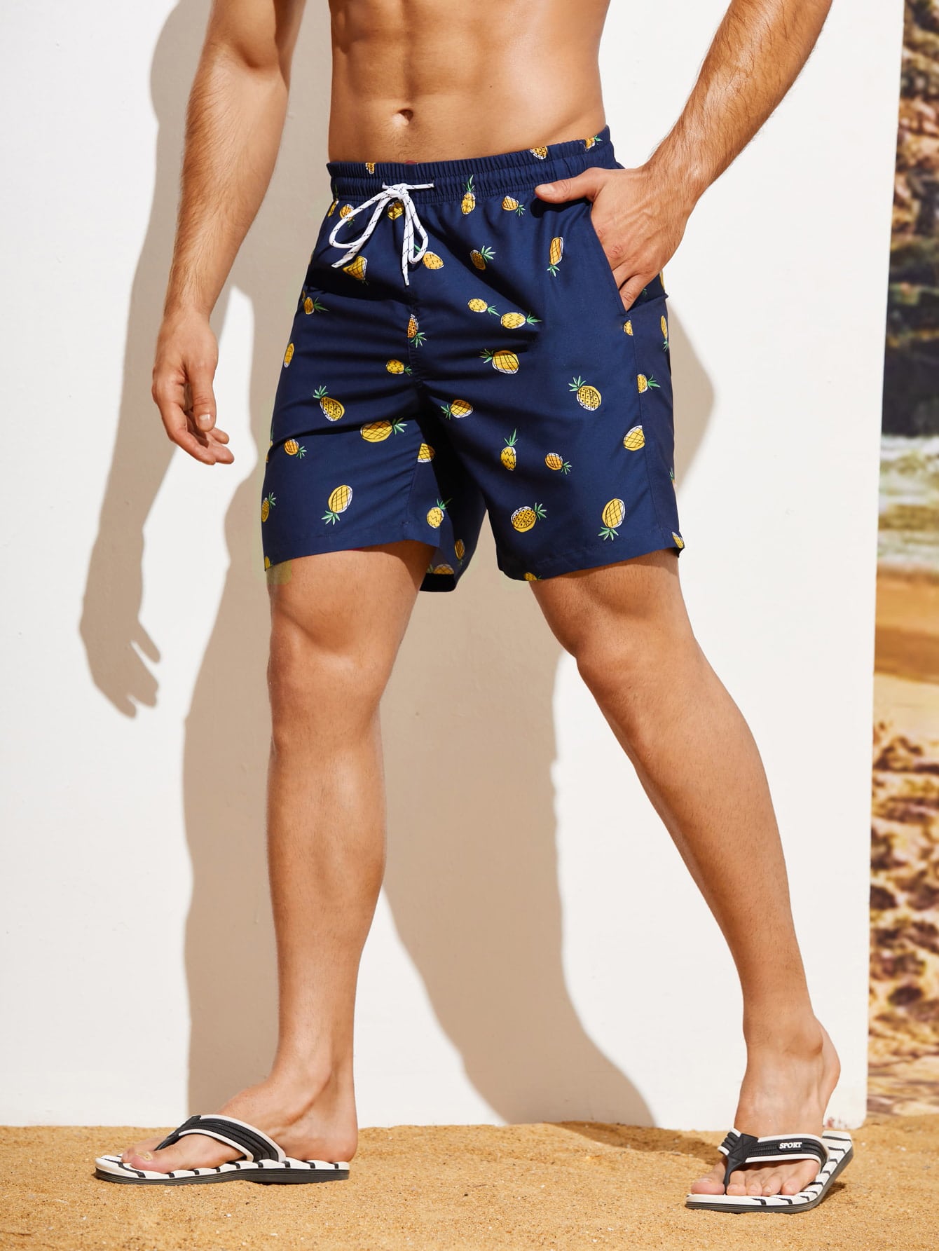 Manfinity Men Random Pineapple Print Drawstring Waist Swim Trunks