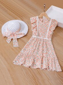 SHEIN Toddler Girls Ditsy Floral Print Ruffle Trim Dress With Hat