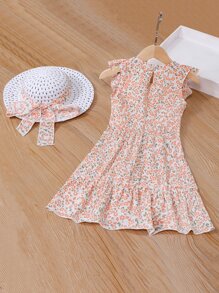 SHEIN Toddler Girls Ditsy Floral Print Ruffle Trim Dress With Hat