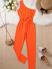 SHEIN Girls One Shoulder Belted Jumpsuit - Orange - View 1