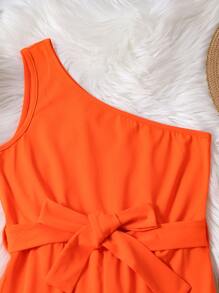 SHEIN Girls One Shoulder Belted Jumpsuit - Orange - View 5