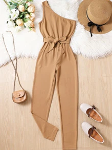 Girls One Shoulder Belted Jumpsuit - Khaki - View 1
