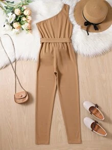 Girls One Shoulder Belted Jumpsuit - Khaki - View 2
