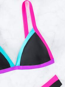 单色比基尼套装 撞色绑带三角文胸上衣和高腰比基尼下装 2 件套比基尼 夏季海滩