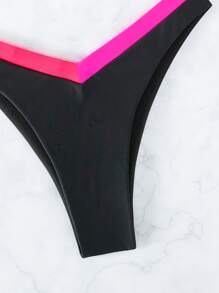 单色比基尼套装 撞色绑带三角文胸上衣和高腰比基尼下装 2 件套比基尼 夏季海滩