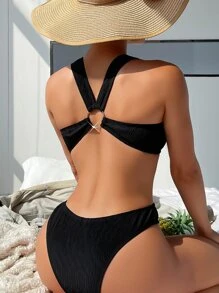 Plain O-Ring Detail Summer Beach Bikini Set - Black - View 2