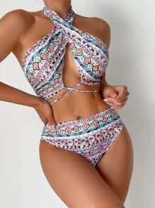 全印花露背夏季沙灘比基尼套裝 - 彩色 - 查看 1