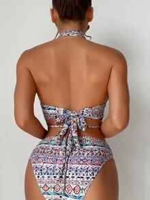 全印花露背夏季沙灘比基尼套裝 - 彩色 - 查看 2