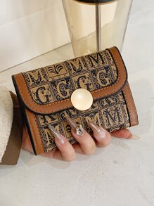 字母印花三折錢包 - 卡其色 - 查看 1