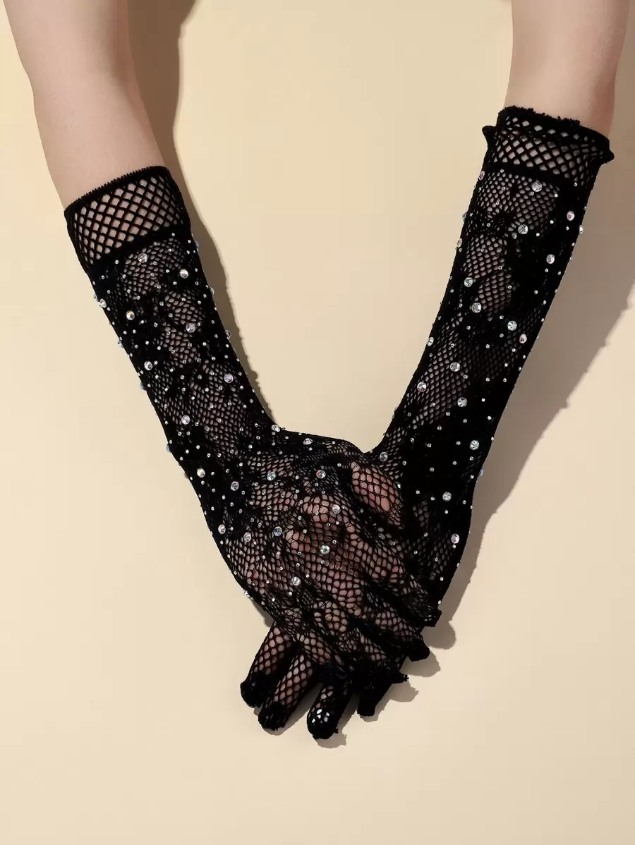 1 Pair Women's Black Fishnet Jacquard Hollow-Out Mesh Rhinestone Party Long Gloves