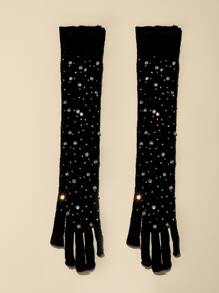 1 Pair Women's Black Fishnet Jacquard Hollow-Out Mesh Rhinestone Party Long Gloves