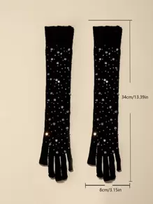 1 Pair Women's Black Fishnet Jacquard Hollow-Out Mesh Rhinestone Party Long Gloves