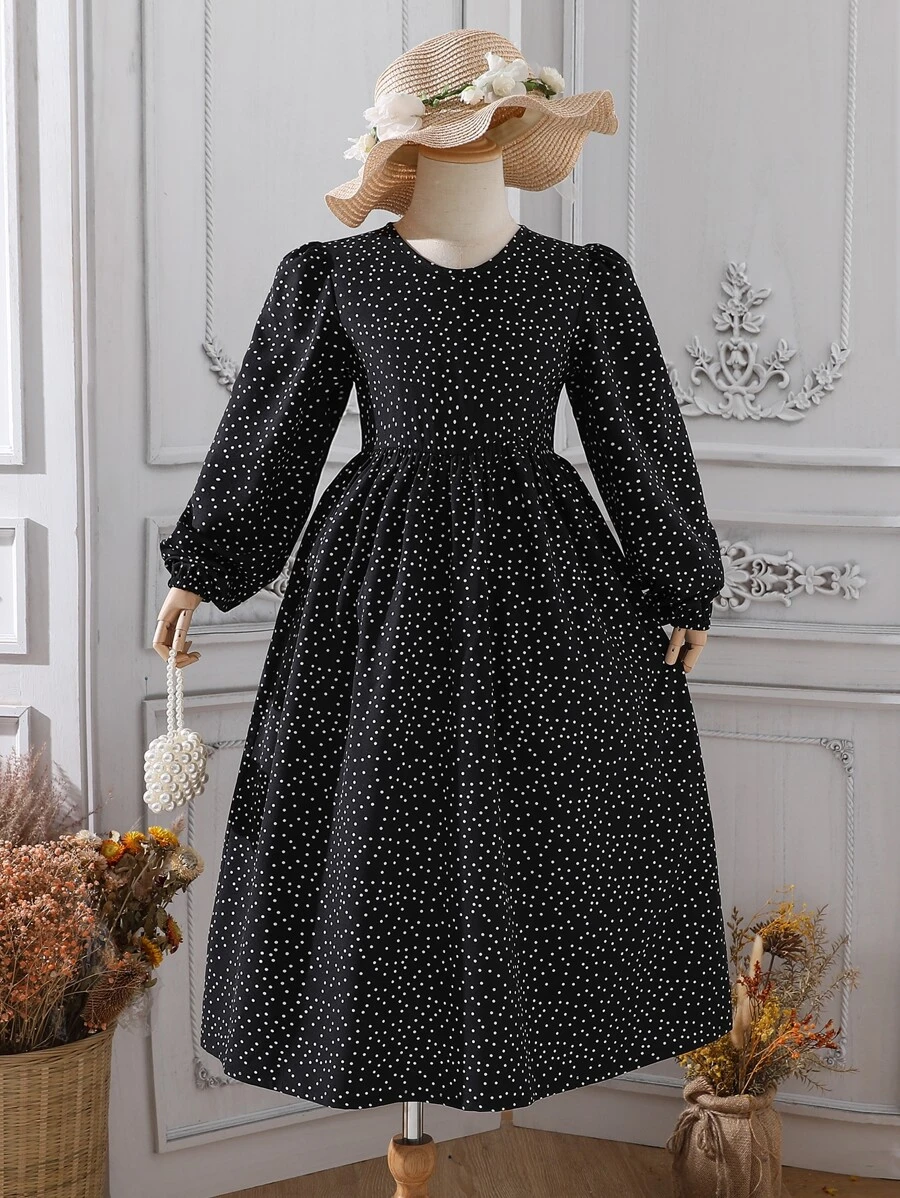 SHEIN 女孩波卡圓點燈籠袖娃娃裙