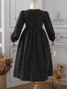 SHEIN 女孩波卡圓點燈籠袖娃娃裙