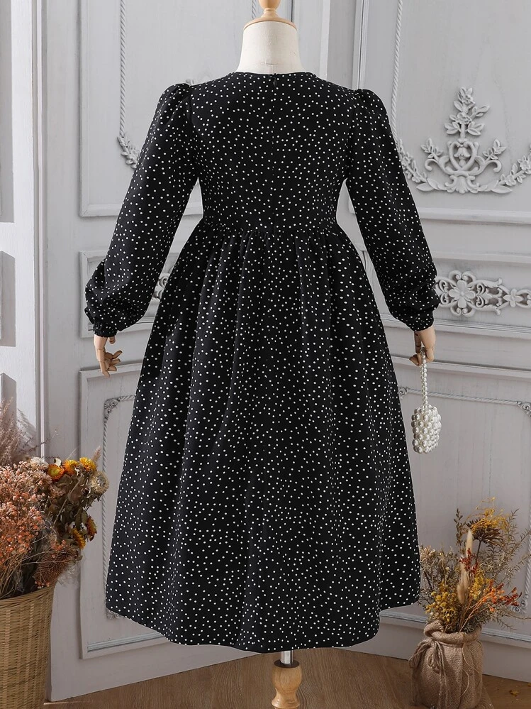 SHEIN Girls Polka Dot Bishop Sleeve Babydoll Dress - Black - View 2