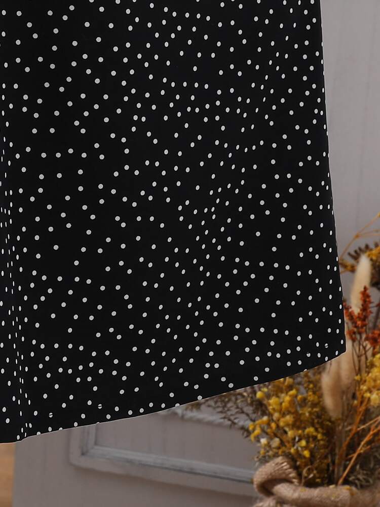 SHEIN Girls Polka Dot Bishop Sleeve Babydoll Dress - Black - View 3