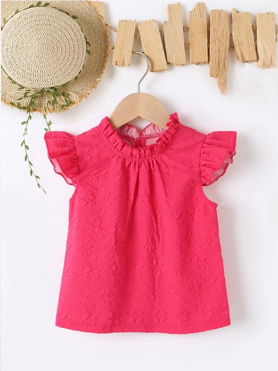 SHEIN 小女童褶邊領蝴蝶袖紋理質感襯衫 - 西瓜粉 - 查看 1