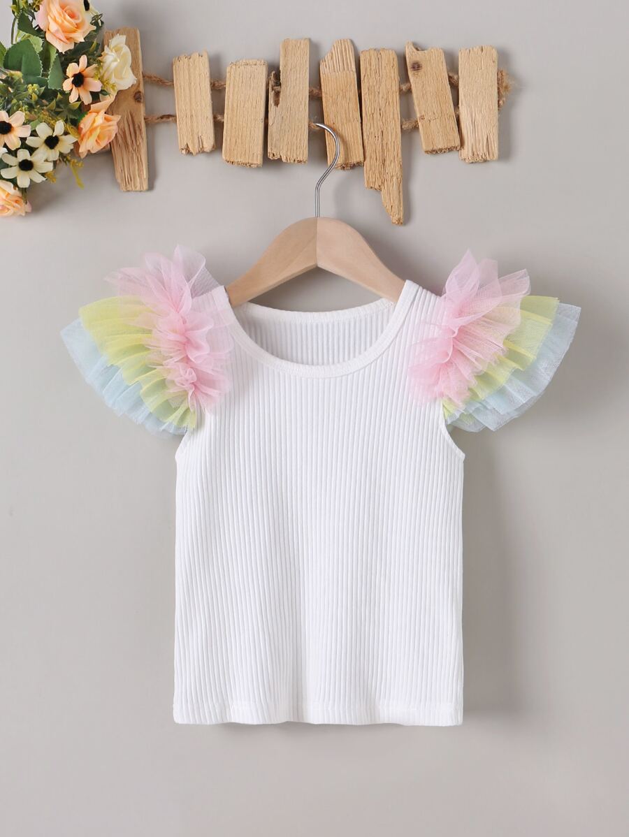 Toddler Girls Contrast Mesh Ruffle Trim Tee - White - View 1