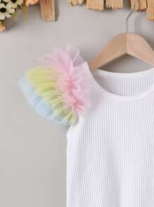 Toddler Girls Contrast Mesh Ruffle Trim Tee - White - View 4