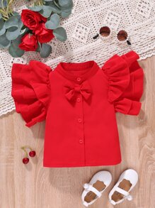 Toddler Girls Bow Front Ruffle Trim Layered Sleeve Shirt - Red - View 1