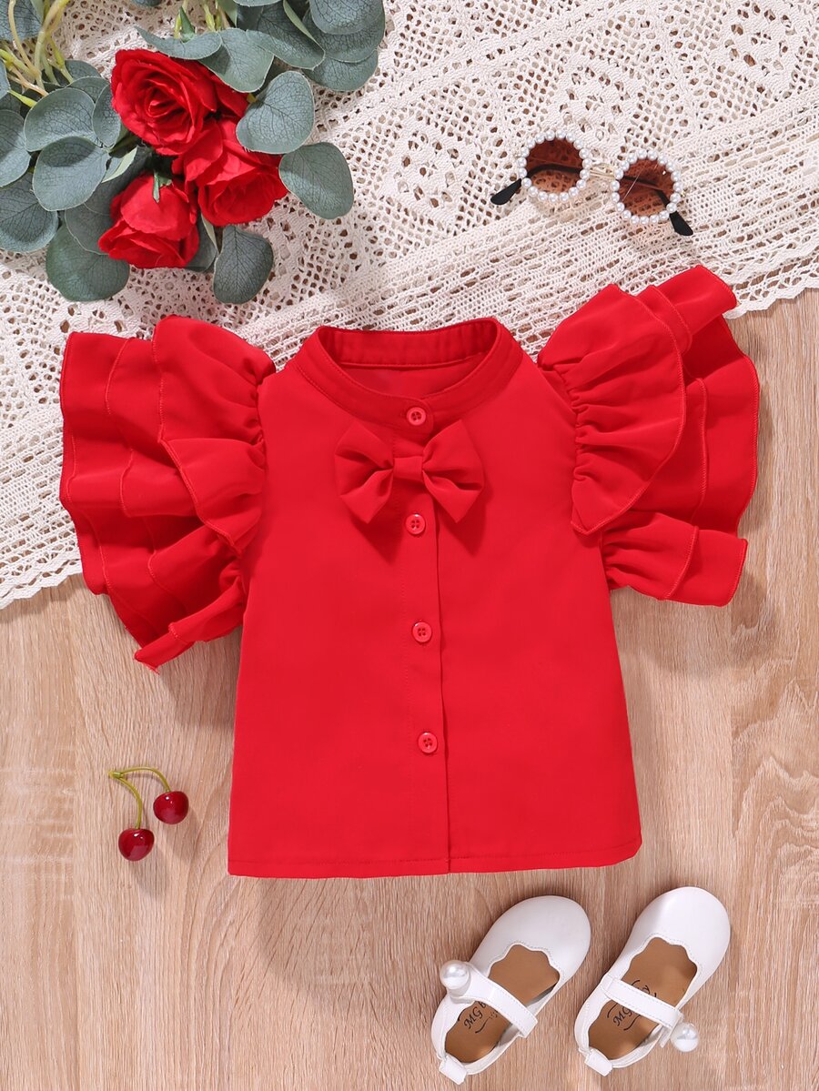 Toddler Girls Bow Front Ruffle Trim Layered Sleeve Shirt - Red - View 1