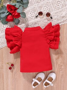 Toddler Girls Bow Front Ruffle Trim Layered Sleeve Shirt - Red - View 2