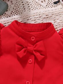 Toddler Girls Bow Front Ruffle Trim Layered Sleeve Shirt - Red - View 4