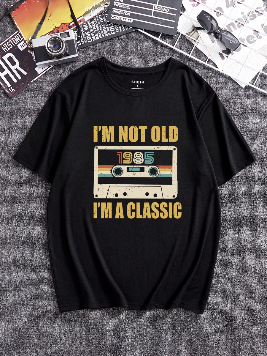 Men Cotton Audiotape And Slogan Graphic Tee - Black - View 1