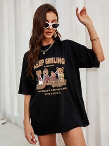 SHEIN EZwear 熊和標語圖案落肩T恤 - 黑色 - 查看 1