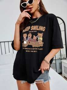 SHEIN EZwear 熊和標語圖案落肩T恤 - 黑色 - 查看 3