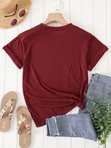 SHEIN LUNE Áo thun nữ Tim Lá thư Giải trí - Màu Đỏ Sâu - Xem 2