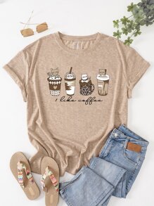 SHEIN LUNE Plus Coffee And Slogan Graphic Tee - Apricot - View 1
