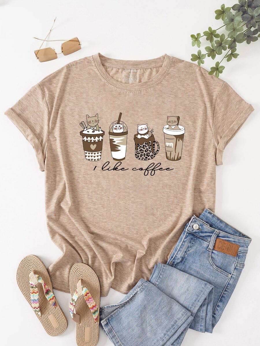 SHEIN LUNE Plus Coffee And Slogan Graphic Tee - Apricot - View 1