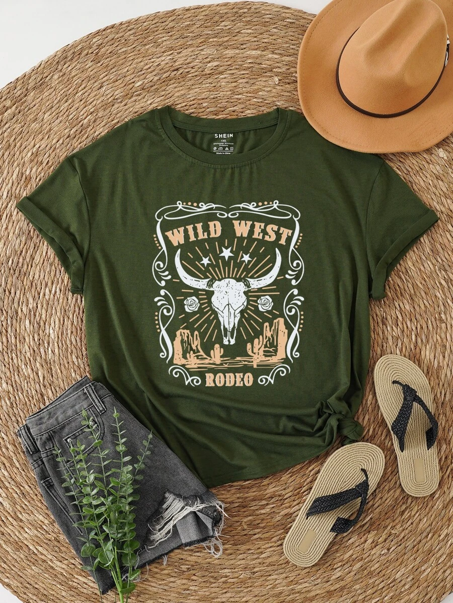 INAWLY Plus Cattle And Letter Graphic Tee - Army Green - View 1