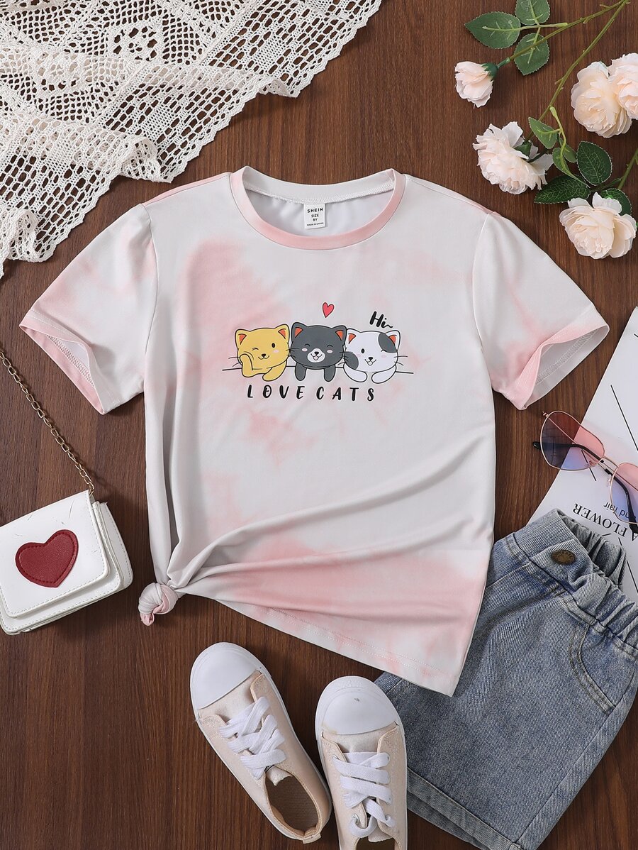 Girls Tie Dye Cartoon Graphic Tee - Multicolor - View 1