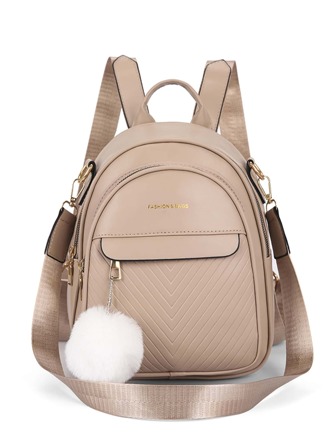 Pom Pom Decor Letter Graphic Classic Backpack, School Backpack