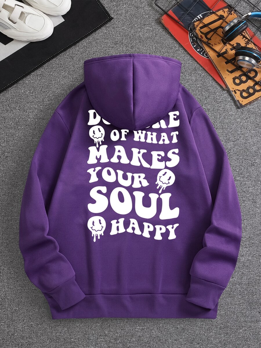 男士標語和卡通圖案袋鼠口袋抽繩保暖連帽衫 - 紫色 - 查看 1