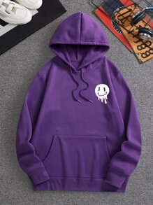 男士標語和卡通圖案袋鼠口袋抽繩保暖連帽衫 - 紫色 - 查看 2