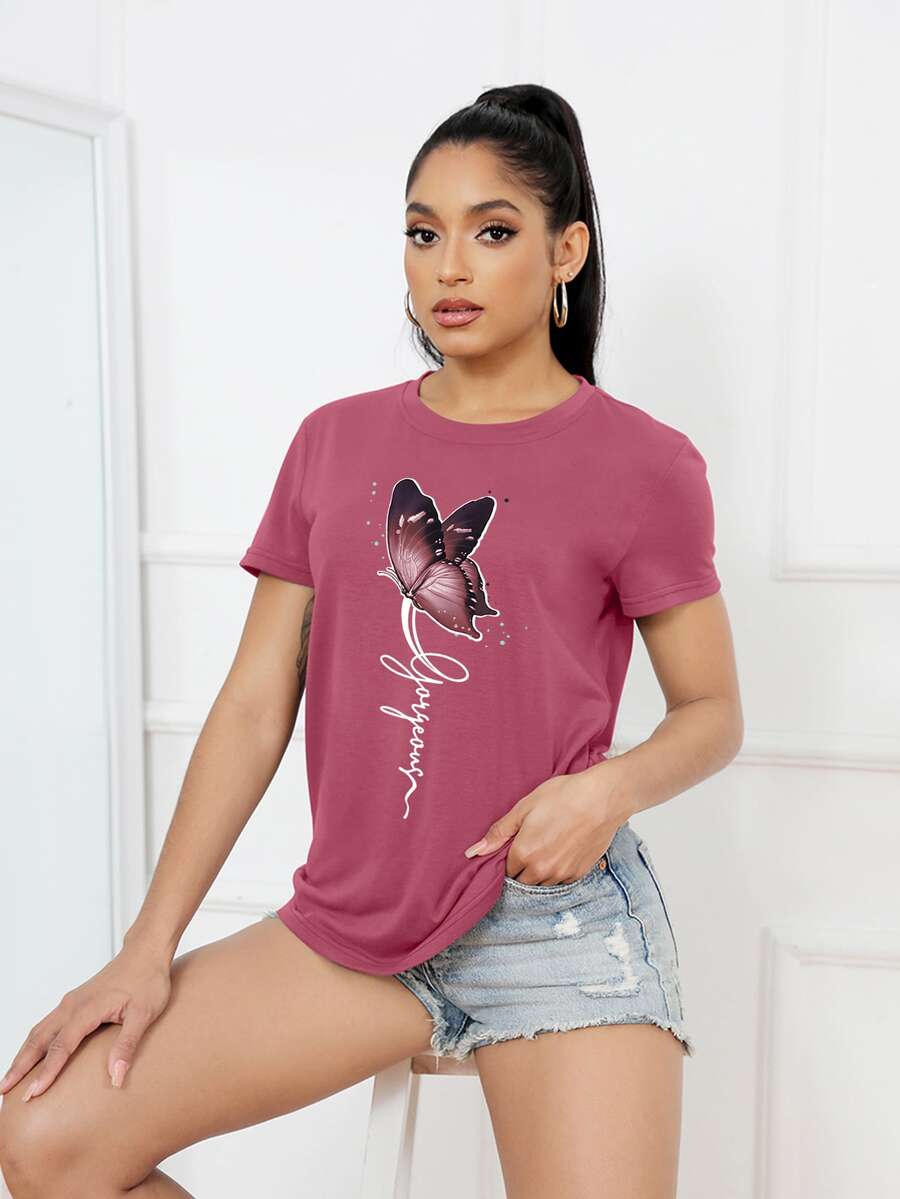 SHEIN Essnce Áo thun nữ Lá thư Loại bướm Giải trí - Gỗ đỏ - Xem 1