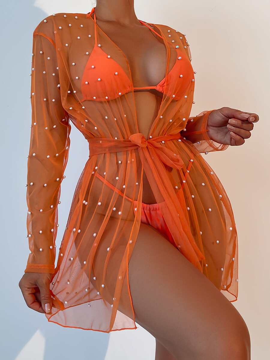 Women Kimonos Berikat Mutiara Sheer Polka Dot - Burnt Orange - View 1