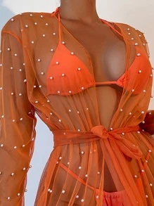 Women Kimonos Berikat Mutiara Sheer Polka Dot - Burnt Orange - View 4