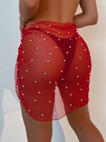 SHEIN Swim 2025 Damen einfarbiger Strandbaderock mit Perlenverzierung und Knotendetail für Urlaub und Sommer - Rot - Übersicht 2