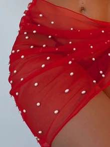 SHEIN Swim 2025 Damen einfarbiger Strandbaderock mit Perlenverzierung und Knotendetail für Urlaub und Sommer - Rot - Übersicht 4