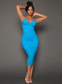 SHEIN SXY Vestido ajustado bustier unicolor fruncido - Azul menta - Ver 1